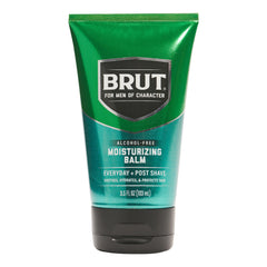 Brut Moisturizing Balm bottle closeup highlighting signature scent for daily hydration.