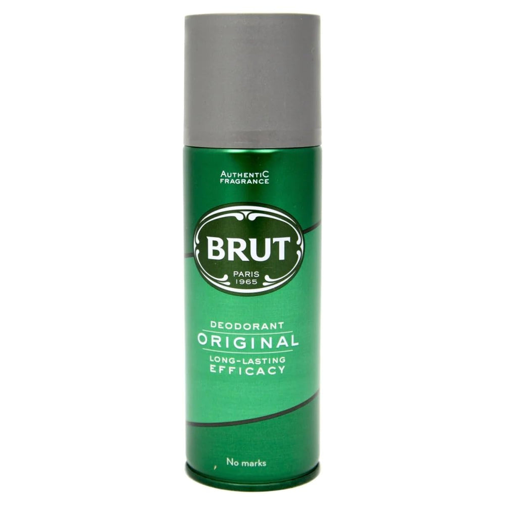 Brut Original deodorant spray bottle in use, delivers swift, even mist for daily freshness.