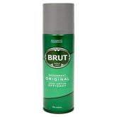 Brut Original deodorant spray bottle in use, delivers swift, even mist for daily freshness.