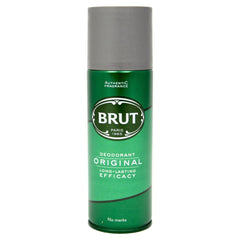 Brut Original deodorant spray bottle in use, delivers swift, even mist for daily freshness.