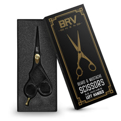 BRV MEN hammer-forged steel left-handed scissors resist wear for daily grooming.