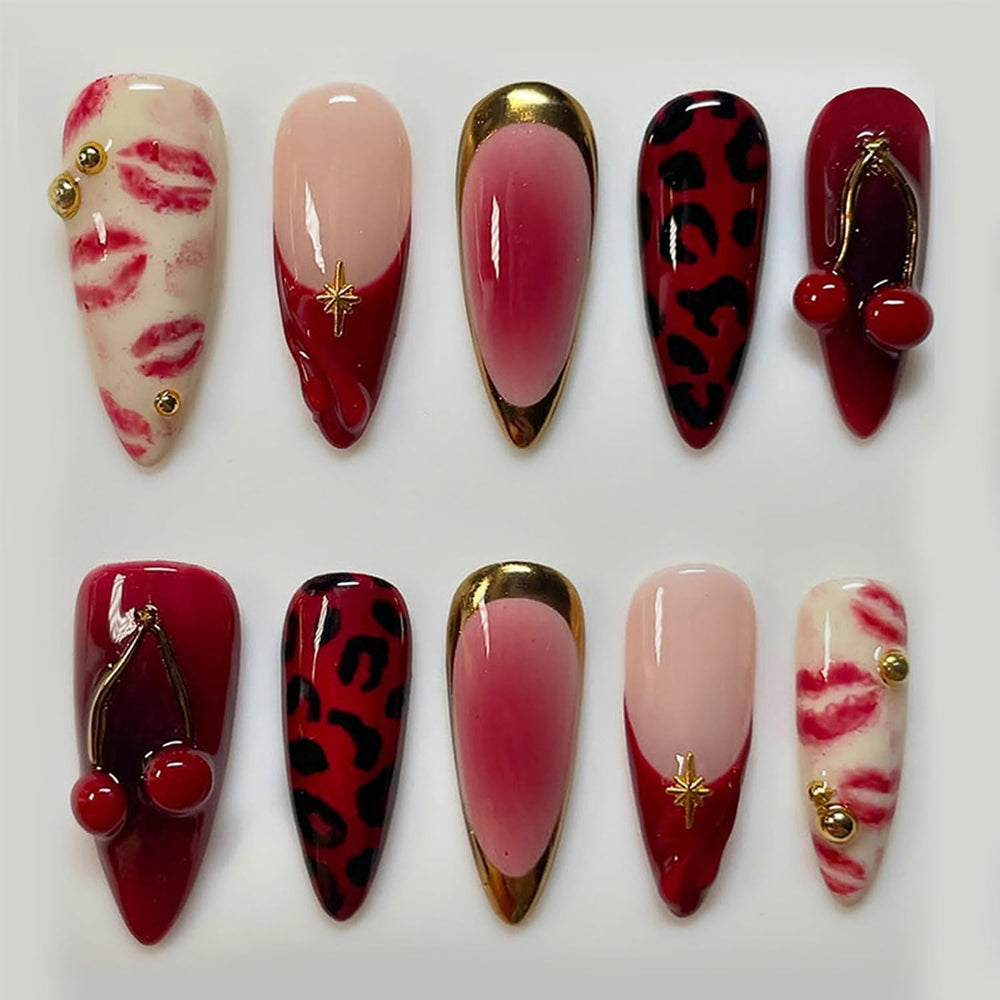 BSBTBZ 30Pcs almond press-on nails with beads and red lips, glossy almond tips for DIY mani