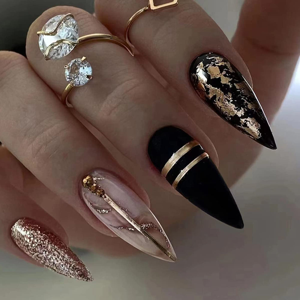 BSBTBZ Black Almond press-on nails with gold foil design for stylish at-home manicure