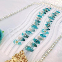 BSBTBZ blue press on nails with 3D butterflies and pearls for elegant daily wear.
