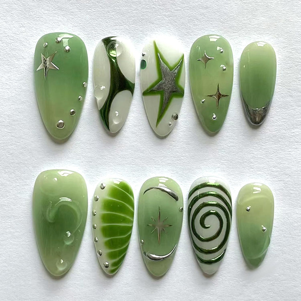 BSBTBZ green press-on nails with star pattern on almond shape for stylish looks