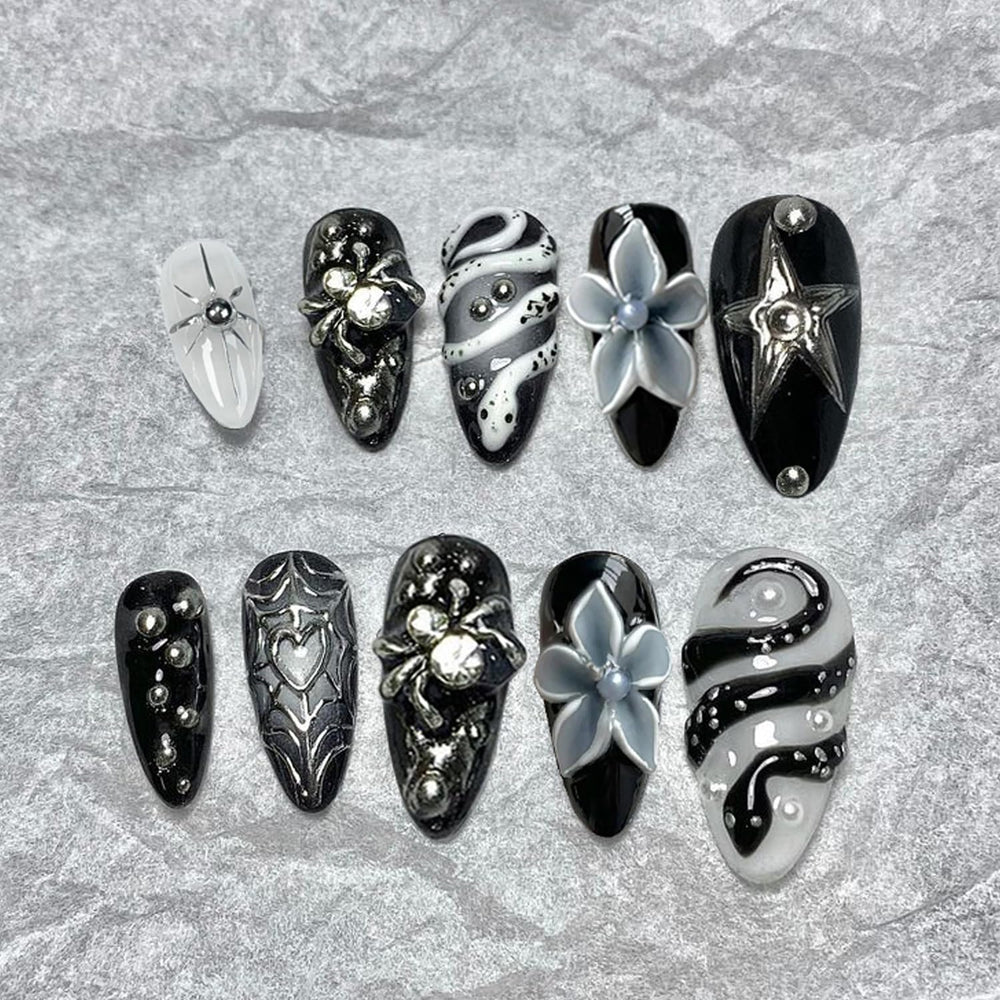 BSBTBZ snake press-on nails with almond flower design for at-home elegance