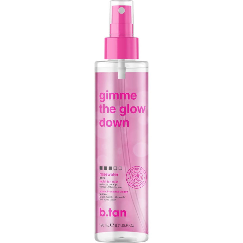 B.TAN Clear Face Tan Mist bottle with rosewater for a gentle glow