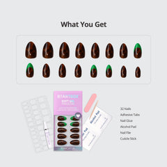 BTArtbox emerald code tortoiseshell almond press-on nails including adhesive tabs and glue.