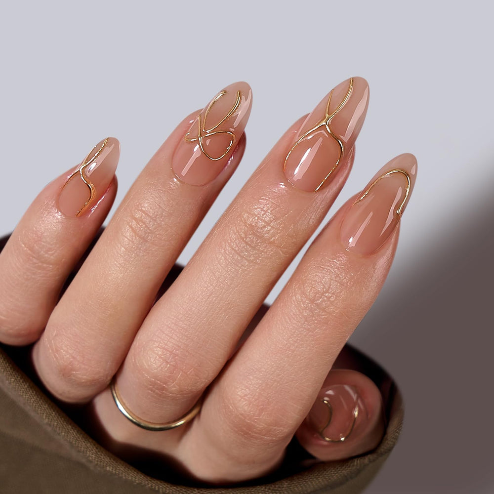 BTArtbox Almond Press On Nails with 3D Gold Lines for a chic look