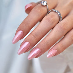 BTArtbox Almond Press On Nails in pink chrome with soft gel finish for effortless glamour.