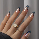 BTArtbox Black Swan French Tip Nails with chrome glaze for a glam, salon-like finish.