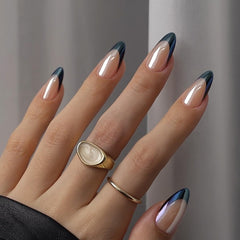 BTArtbox Black Swan French Tip Nails with chrome glaze for a glam, salon-like finish.