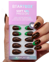 BTArtbox emerald code tortoiseshell almond press-on nails for natural-looking wear.