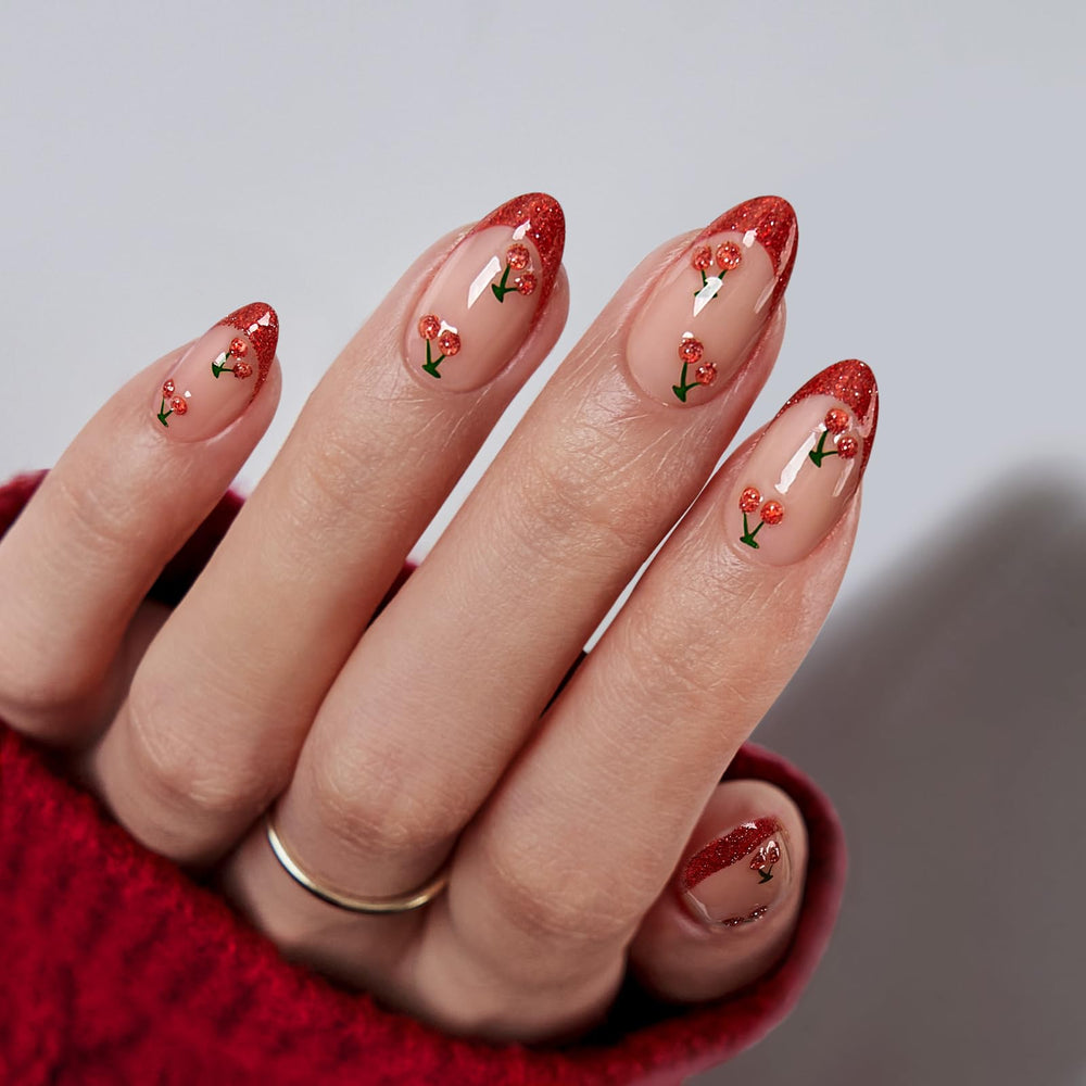 BTArtbox French Tip Almond nails with cherry design for a quick salon-style manicure