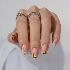 BTArtbox gold leaf short square nails with glossy gel finish.