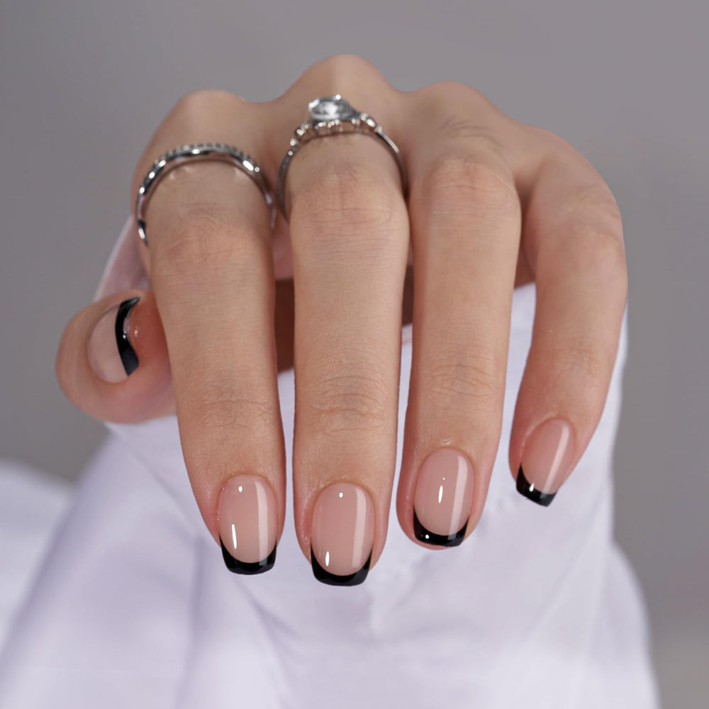 BTArtbox jelly square nails close-up showing glossy classic black gel finish