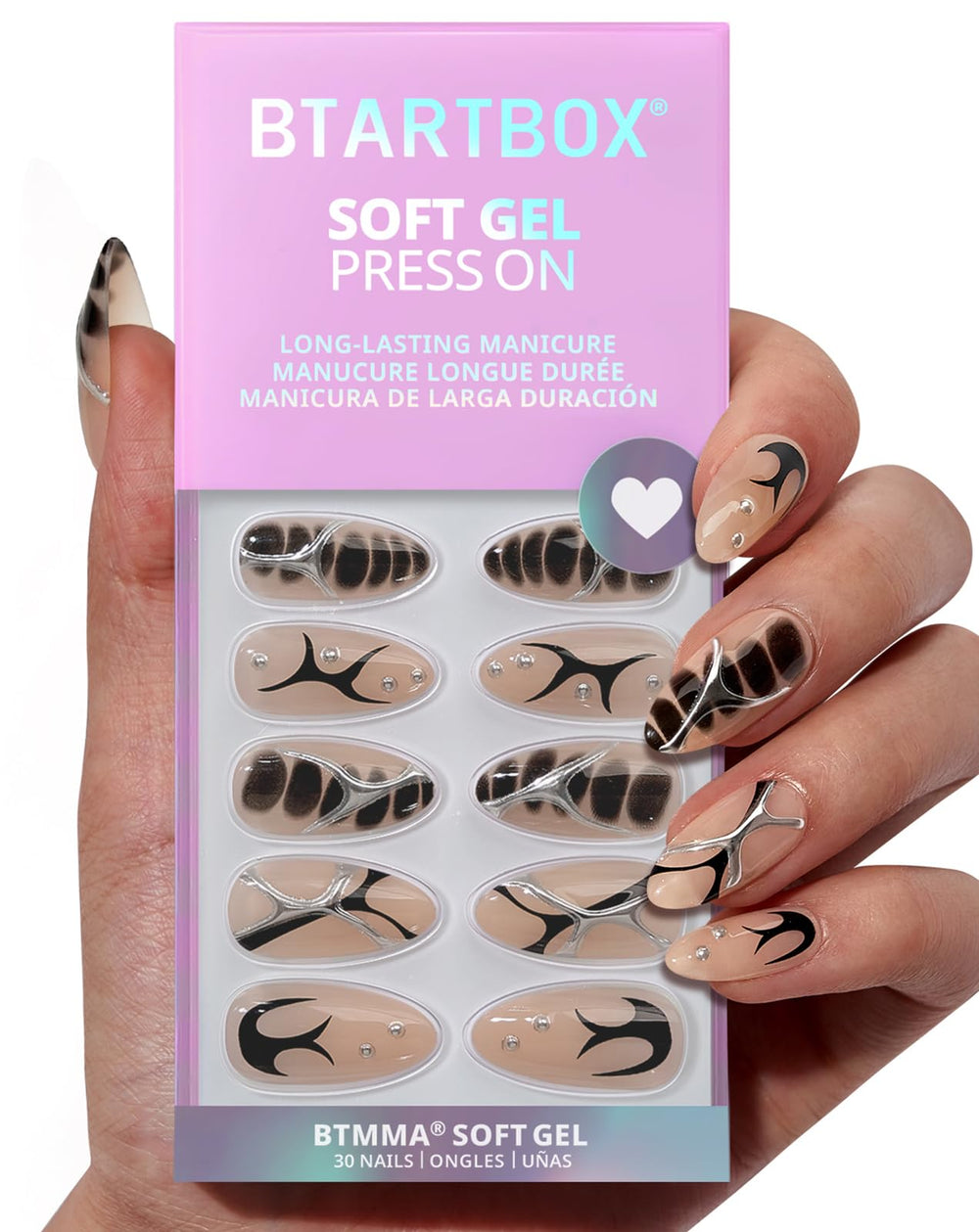 BTArtbox almond 3D black design nails for natural, flexible look