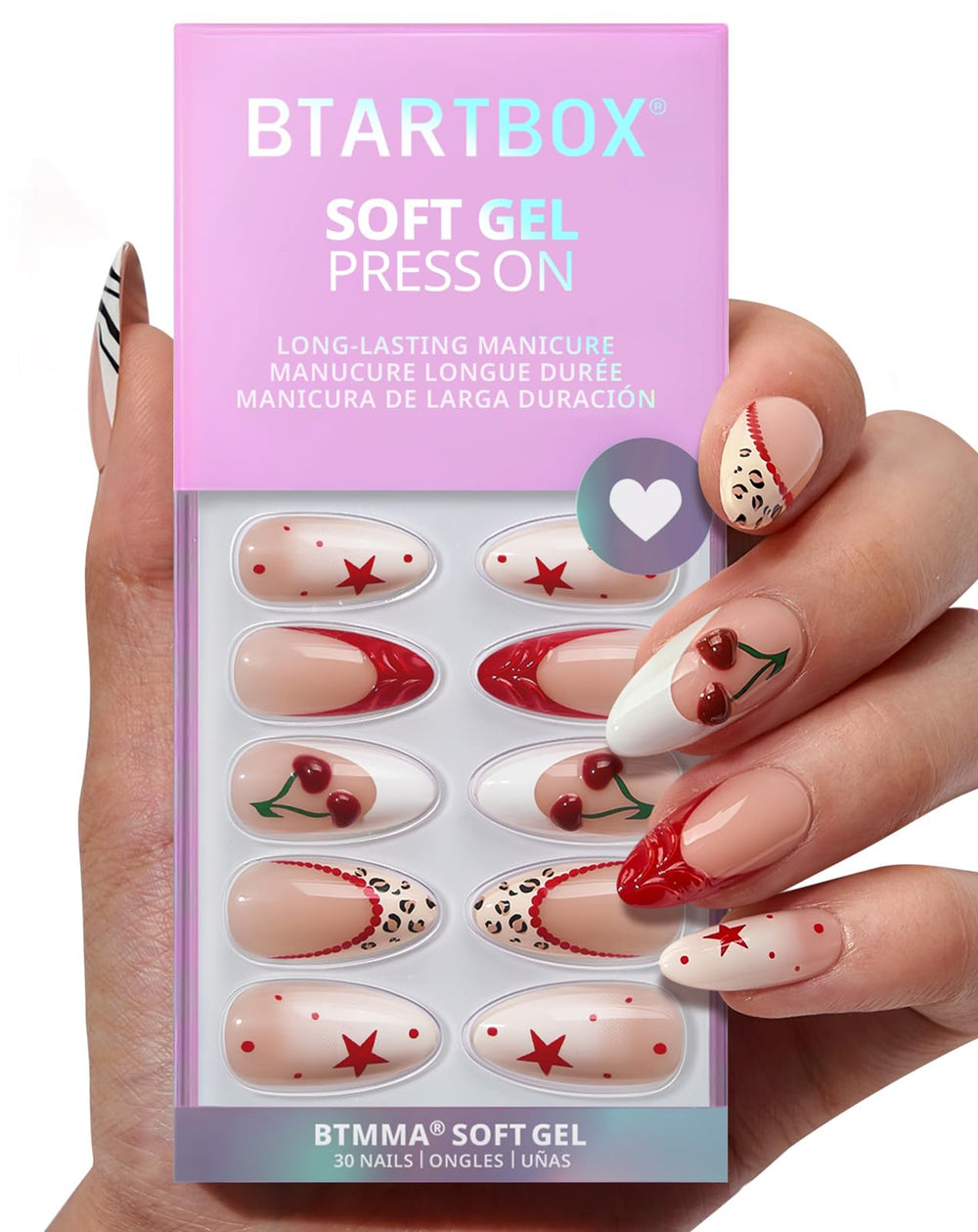BTArtbox almond 3D cherry nails add bold texture for party nails.