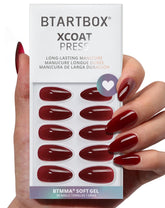 BTArtbox almond press-on nails in dark red for a long-lasting at-home manicure.