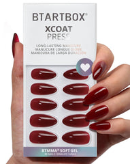 BTArtbox almond press-on nails in dark red for a long-lasting at-home manicure.