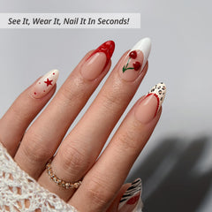 BTArtbox almond medium red French tip nails for chic daily wear.