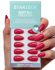 BTArtbox almond raspberry red close-up with soft gel finish for long wear.