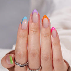BTArtbox neon rainbow finish press-ons shown on nails for bold daily style.