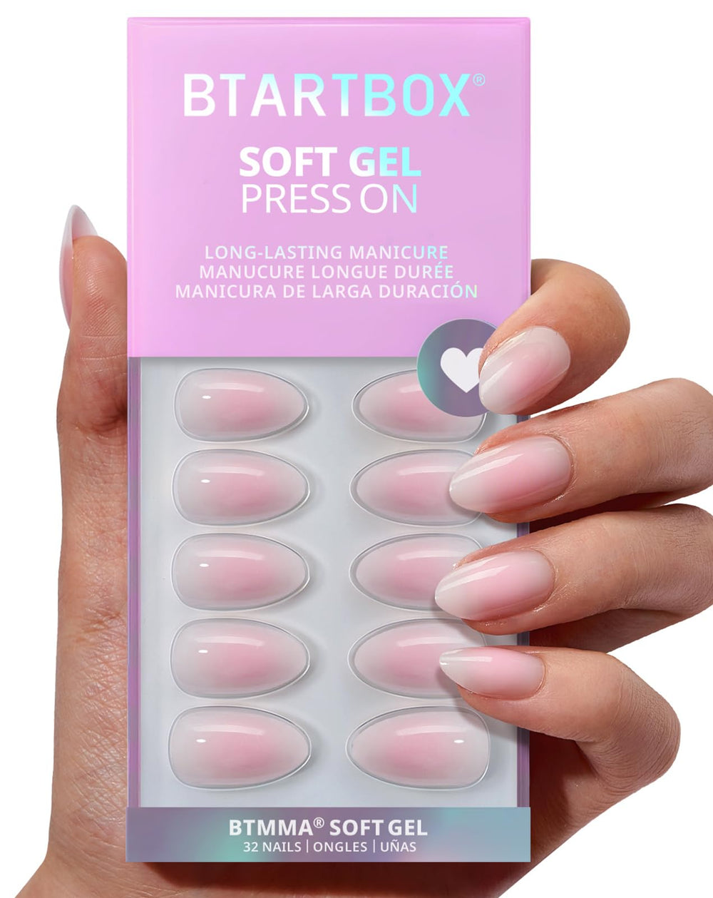 BTArtbox pink ombre almond nails close-up showing natural look and shine