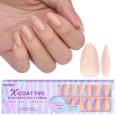 BTArtbox short almond nail tips closeup, natural fit and semi-transparent nude shade.