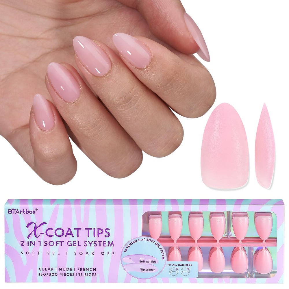 BTArtbox XCOATTIPS matte short almond nails show a natural, durable look.