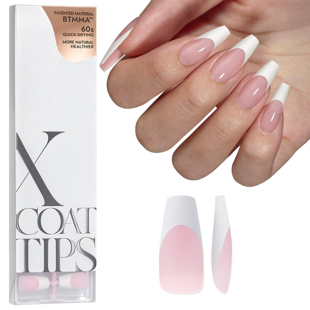 BTArtboxnails pink coffin French tip nails for at-home manicure.