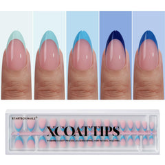 BTArtboxnails XCOATTIPS blue French short almond swatches for quick at-home manicures.