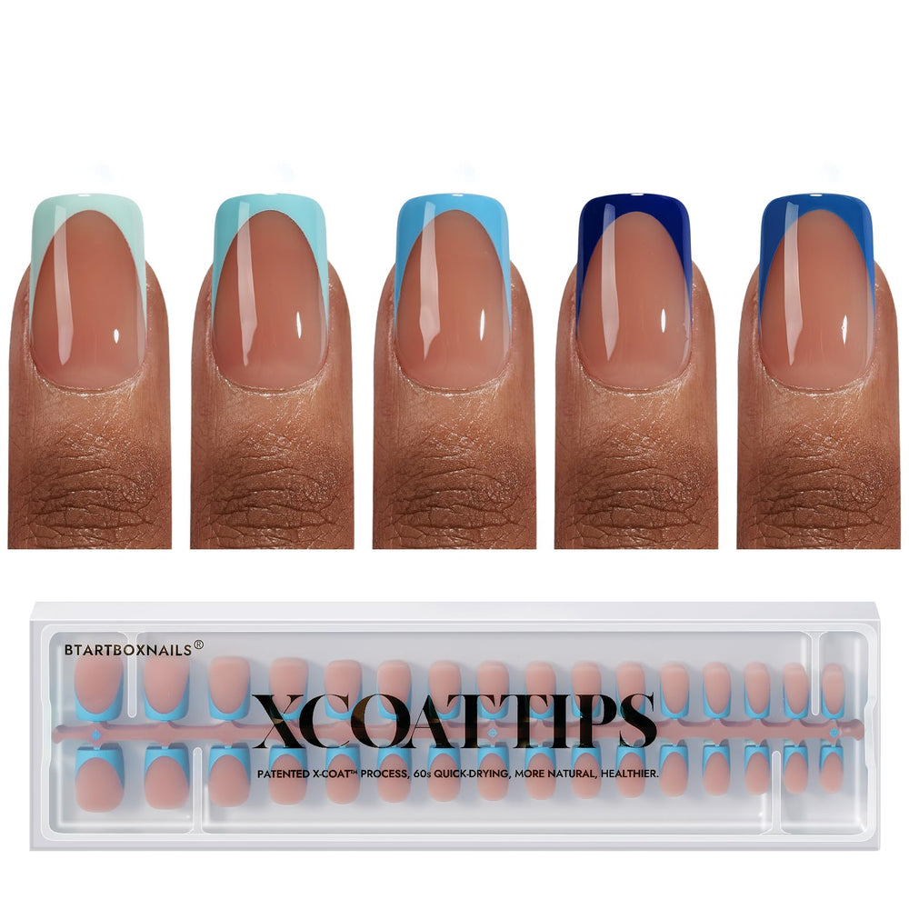 BTArtboxnails XCOATTIPS blue French tips for short square nails, 160pcs.