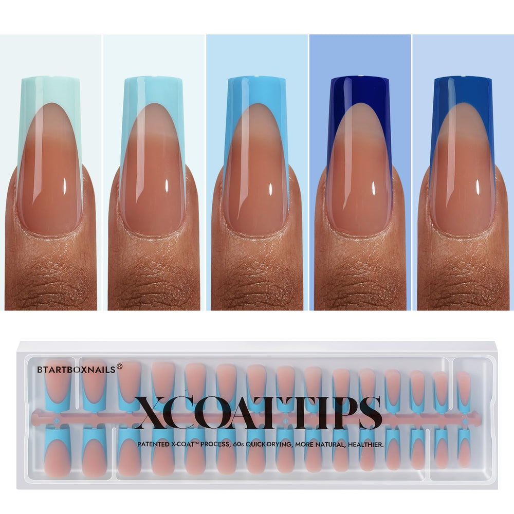 BTArtboxnails XCOATTIPS blue French tip long square for at‑home salon quality nails.