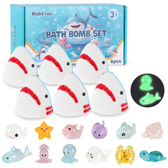 BubFroo Shark Bath Bombs package—six colorful bombs for kids' bath time.