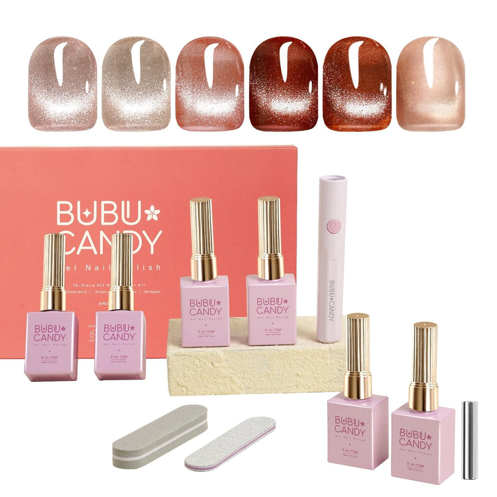 BUBU CANDY cateye nail polish set swatches showing six shimmering shades