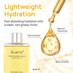 Bueno+ Paris Queen Carrot Body Oil label closeup highlights carrot extract.