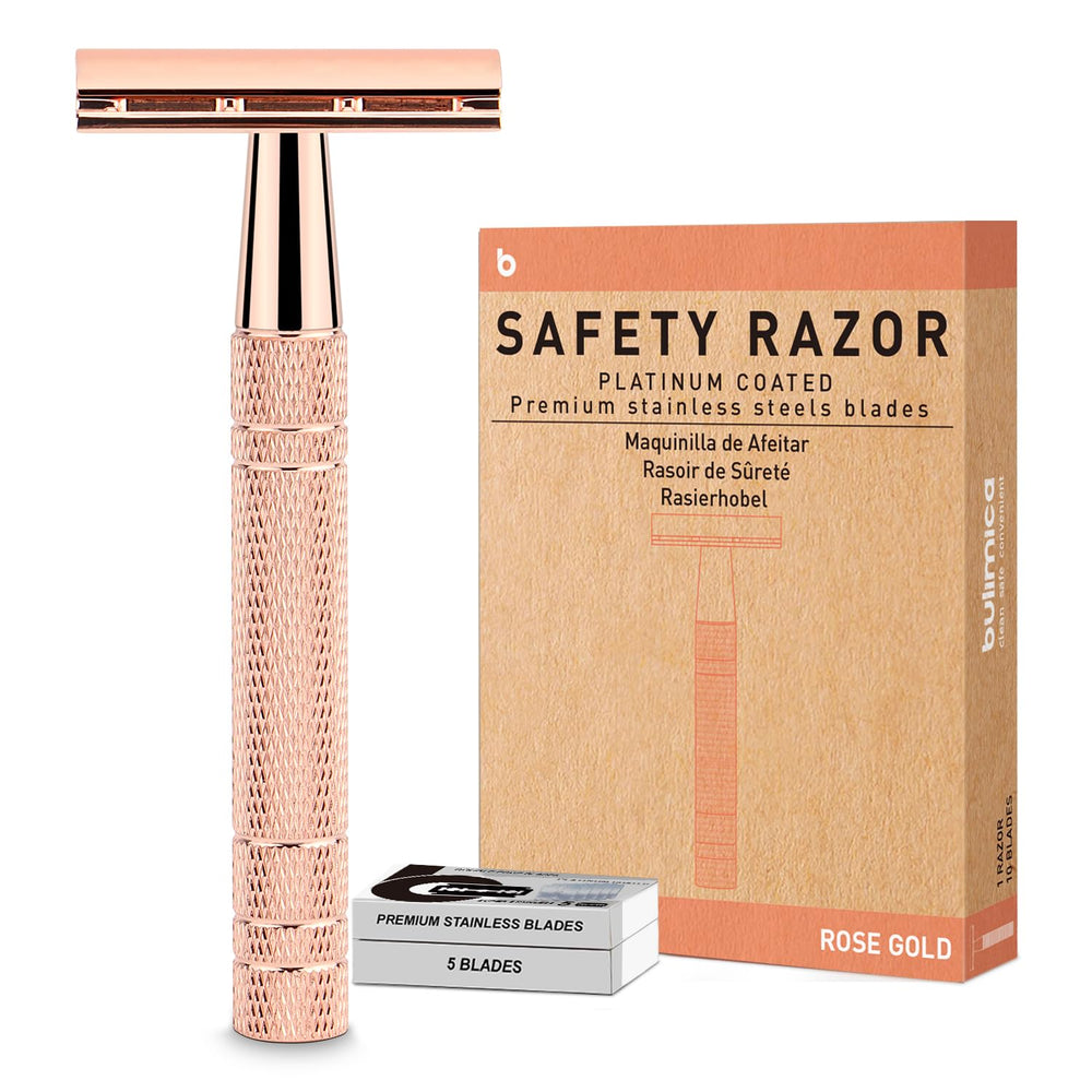 Bulimica rose gold double edge razor for a close, smooth shave.