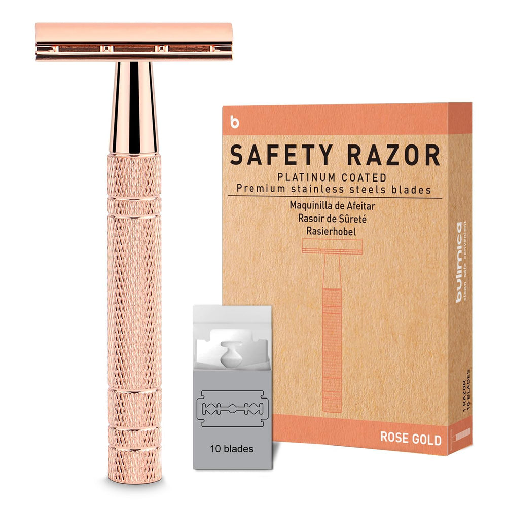 BULIMICA shiny rose gold safety razor handle for precise, stylish grooming.