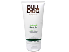 Bulldog Original Shave Gel bottle label highlights aloe and natural ingredients