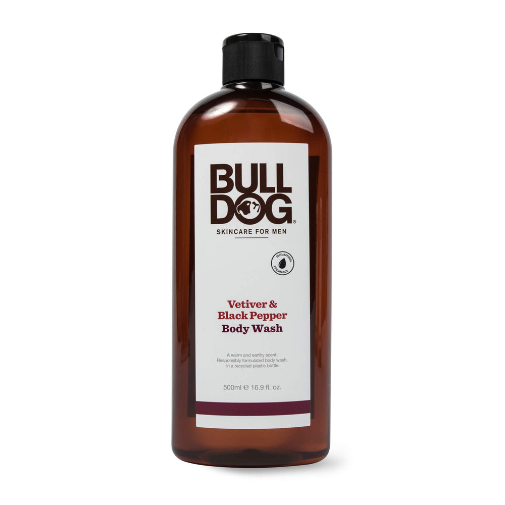 BULLDOG Vetiver & Black Pepper body wash bottle with natural fragrance for daily refresh.