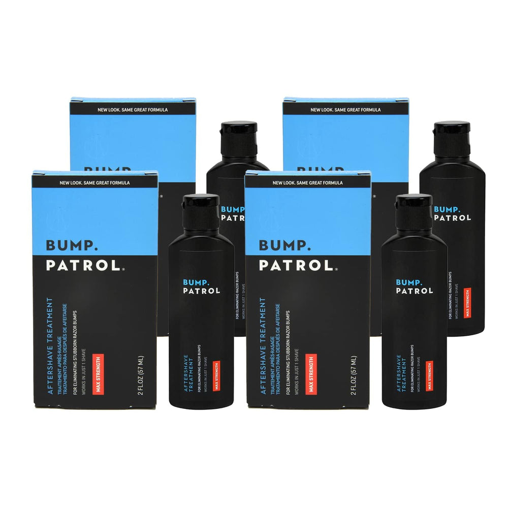 Bump Patrol maximum-strength aftershave bottle front view for all skin types, targeting bumps.
