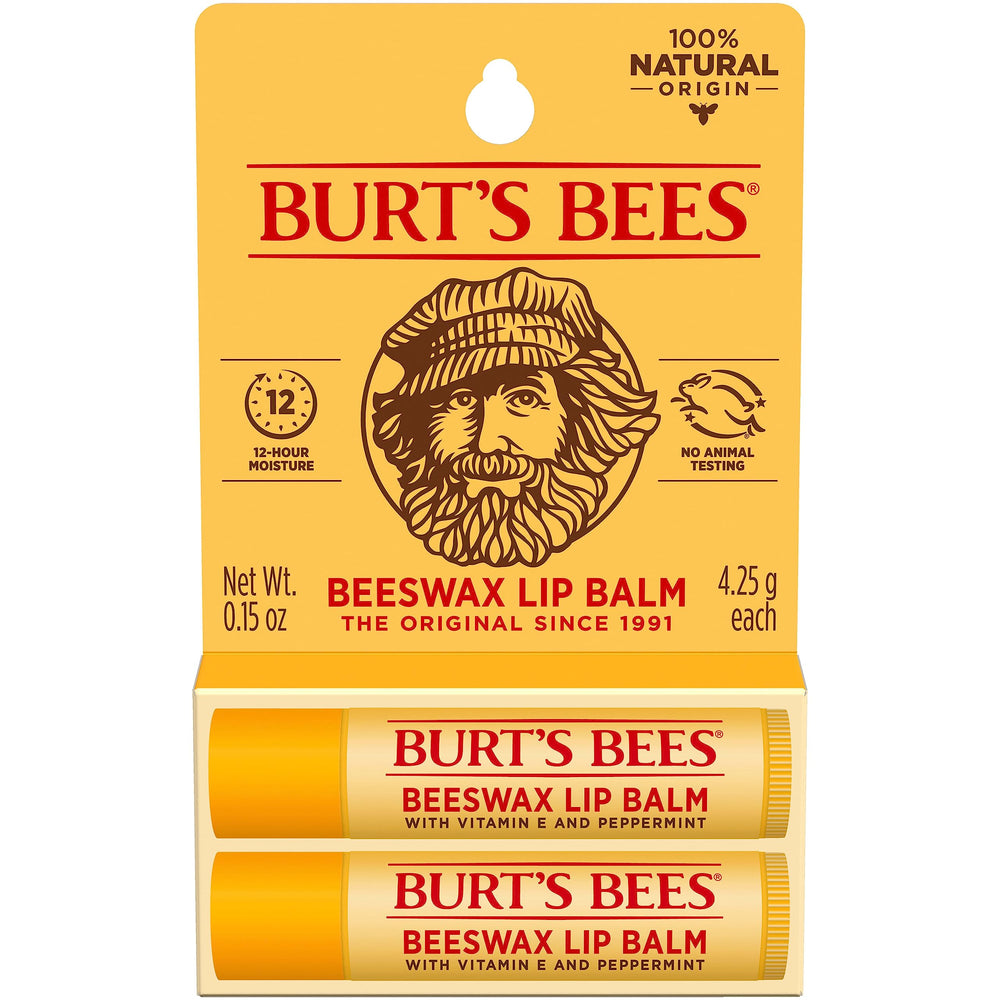 Burt's Bees Original Beeswax lip balm tube front view for moisturized, smooth lips.