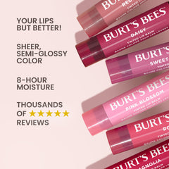 Hibiscus lip tint on lips shows semi-gloss finish and natural sheen.
