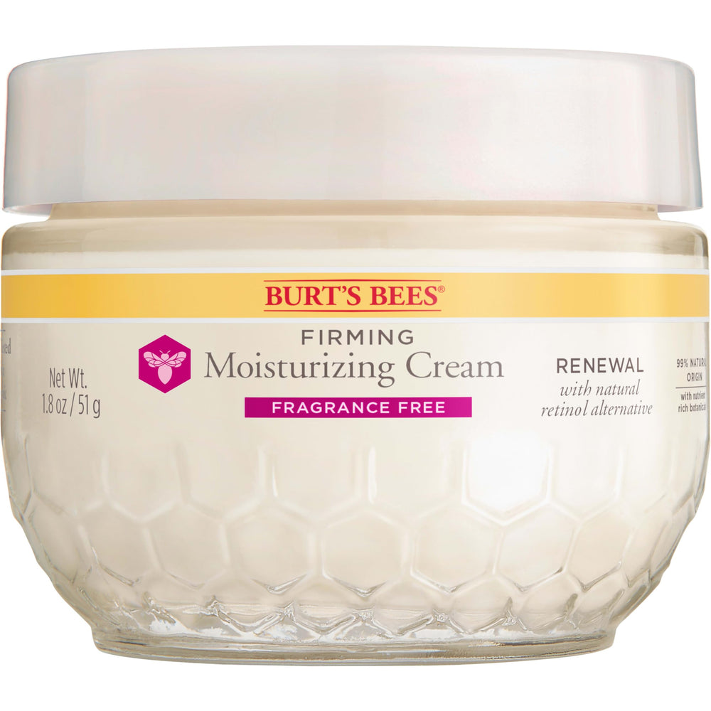 Burt's Bees Renewal fragrance-free firming cream tub closeup highlights packaging and hydration.