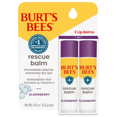 Burt's Bees Rescue Balm Elderberry tube close-up, hydrating lip care in a natural formula