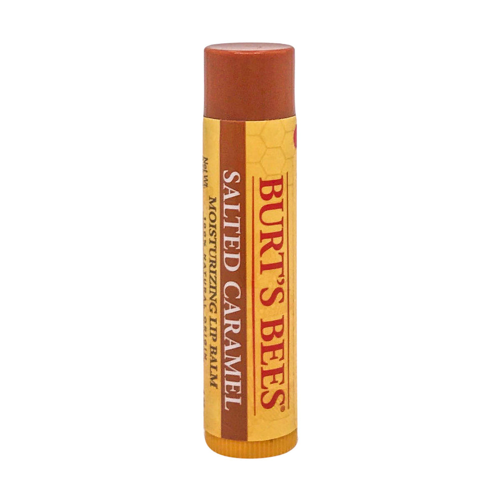 Burt's Bees Salted Caramel Lip Balm tube shown with twist-up application for smooth hydration
