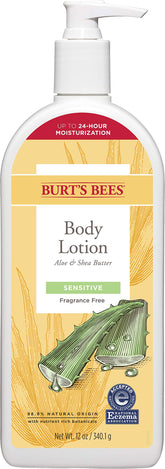 Burt's Bees Sensitive Skin Body Lotion bottle, fragrance-free and hydrating for daily use