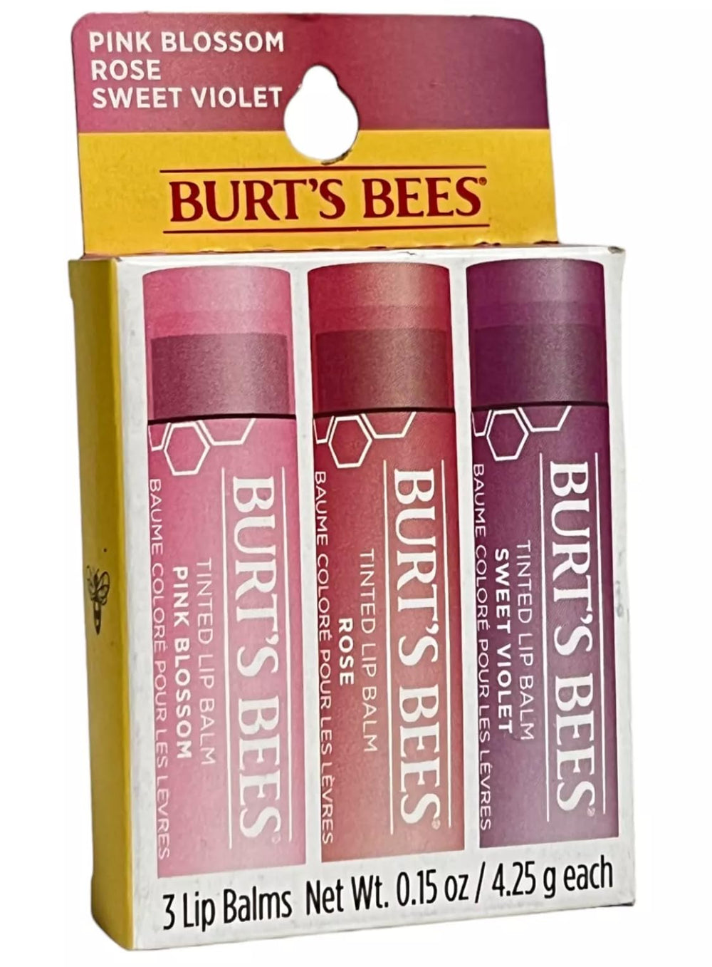 Burt's Bees tinted lip balm pack shows three shade swatches