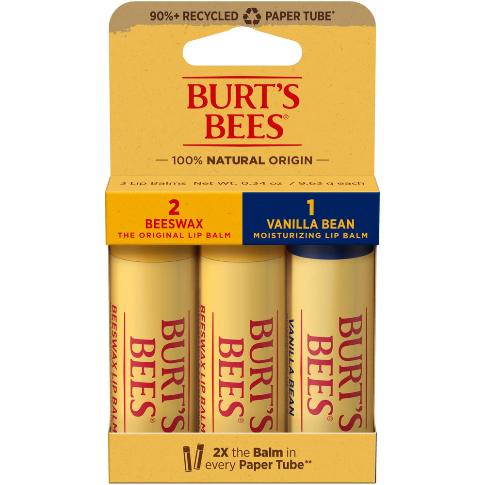 Burts Bees Vanilla Bean lip balm tube for on-the-go moisture and subtle sweetness.